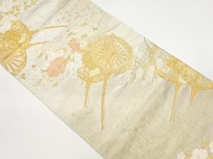 花車に雲・格子模様織出し袋帯